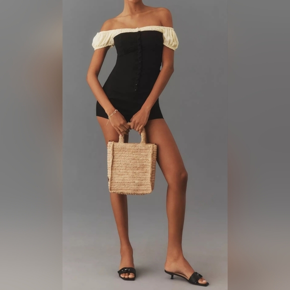 Maeve Off-The-Shoulder Shirred Linen Micro Romper, Black & Yellow, Size 14 - Picture 6 of 13